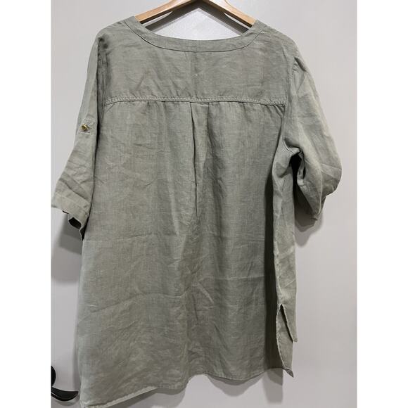 Linen Blouse Zip lagenlook Tunic 2X Roll Tab Short Sleeve sage , oxidized Gold - Picture 2 of 7